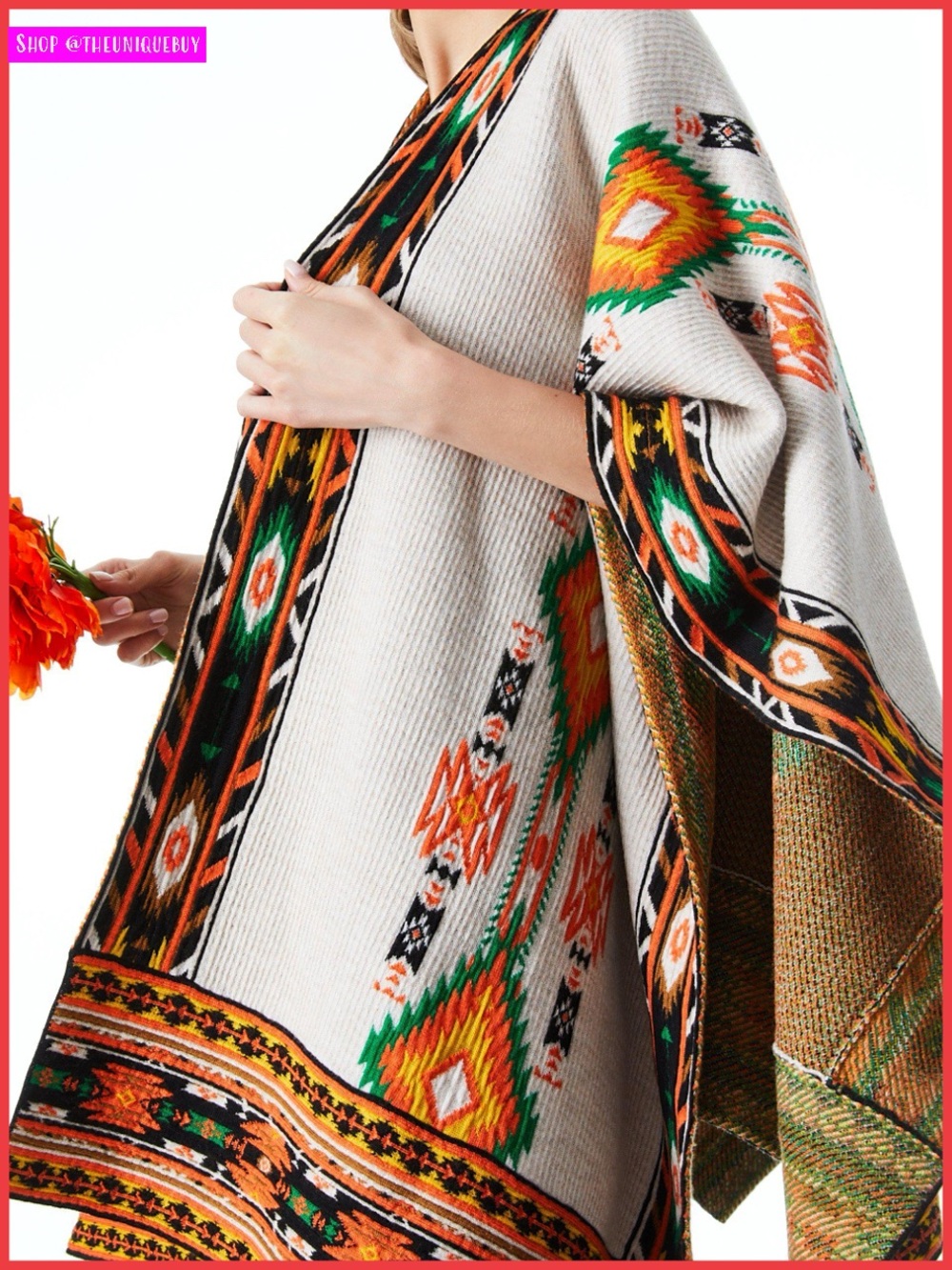 Alice + Olivia Kamala Boho Print Jacquard Poncho Sweater Shawl